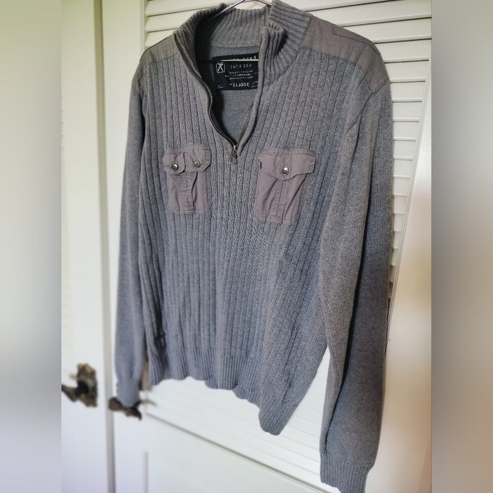 Marc Ecko Cut & Sew Deadly Threads Men's XL Quarter Zip Grey Ribbed Sweater